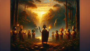 Un sacerdote indígena realizando un ritual de sangre al amanecer en la orilla de un lago neblinoso, frente a un círculo de pueblos originarios que sostienen antorchas.