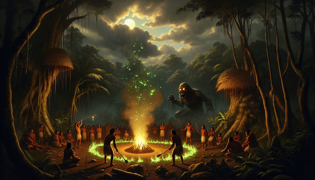 Chamán y aldeanos realizando un ritual alrededor de un círculo de arcilla que brilla en la Amazonía, iluminados por antorchas, mientras Tonche se destaca en el borde.