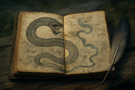 Antiguo cuaderno con bocetos de una serpiente gigante y mapas de ríos