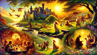 Ethereal river spirits dance along the banks of a sunlit Irish river with wildflowers.