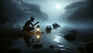 Un pescador solitario junto a una orilla brumosa escuchando las voces retumbantes de los hipopótamos bajo la luz de la luna
