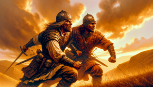 Dos hermanos gemelos unidos en batalla en un paso desgastado por el sol, mientras el caos gira a su alrededor.