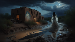 Mural descolorido de una madre afligida en una hacienda en ruinas de Texas