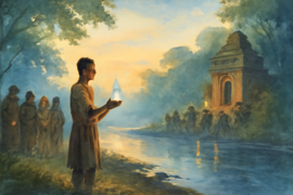 Una joven sosteniendo un frasco brillante con agua encantada bajo la luz de la luna, rodeada de luciérnagas que bailan.