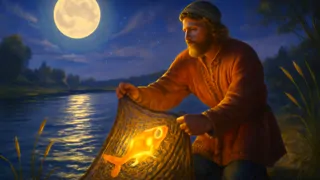 Sadko pescando un pez dorado en el iluminado por la luna río Volkhov