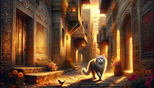 Eine katze mit bernsteinfarbenen Augen schlendert bei Sonnenaufgang durch eine alte irakische Gasse.