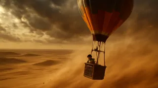 Globo aerostático navegando por una feroz tormenta de arena en el Sahara.