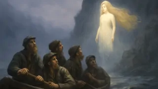 Los marineros miran con asombro y temor a Lorelei en el acantilado brumoso sobre el río Rin.