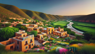 Traditional adobe houses with colorful tiles nestled between rolling green hills and a wide river.