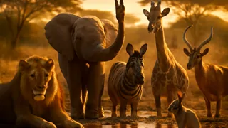 Animales celebrando juntos al atardecer en la sabana