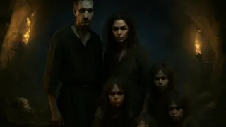Sawney Bean y Agnes Douglas en una oscura cueva escocesa con su creciente y salvaje familia.