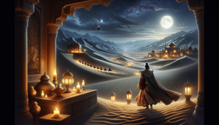 An evocative desert scene with a lone hero navigating twisting dunes beneath a mystical moon.