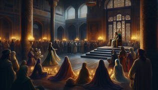 Scheherazade standing before a grand, candlelit hall with attentive nobles and a softened king.