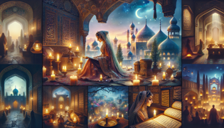 Scheherazade in a quiet, lamplit room, reflecting on memories with a tender, soulful gaze.