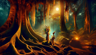 Un diminuto espíritu maya que lleva una corona de flores se encuentra con un curioso erudito junto a raíces iluminadas por la luna en la selva.
