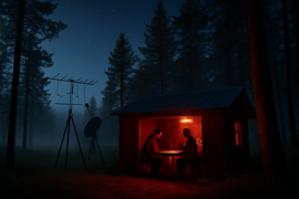 Una estación de investigación nocturna en un bosque de pinos, equipada con cámaras infrarrojas y dispositivos de detección.