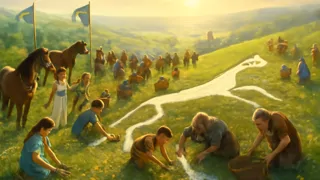 Aldeanos realizando el ritual de limpieza en el Caballo Blanco de Uffington durante la primavera.