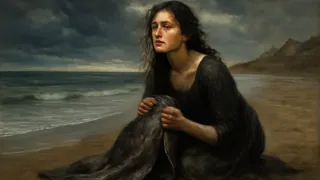 A silkie woman on a Scottish shore, holding her shimmering seal skin beneath a stormy sky.