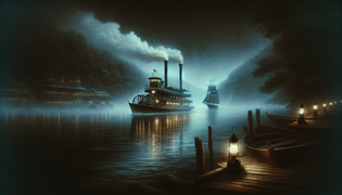 Un barco de vapor con rueda de paletas del siglo XIX acercándose a un navío fantasma resplandeciente a través de la densa niebla del río Hudson al amanecer, con vapor elevándose al frente.