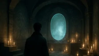 Una cámara circular oculta iluminada por linternas fantasmales, que alberga una bóveda alquímica y un espejo resplandeciente.