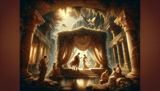 Cupido y Psique compartiendo un momento íntimo en un alcoba de un antiguo templo griego, iluminados por la luz de la luna.