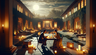Jordan y Cinder discuten en silencio sus planes en un patio apartado, iluminado por velas.
