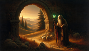 Una anciana decrépita revelando un talismán de esmeralda verde bajo un arco de piedra roto, con un bosque oscuro al fondo.