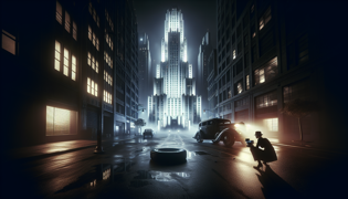 Detective examinando marcas de frenado cerca de la base del Empire State Building, cámara infrarroja instalada en la acera con poca luz.