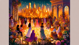 Una reunión en un jardín en la azotea bajo un suave crepúsculo, con velas y flores silvestres que simbolizan una esperanza de rebelión.