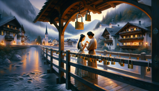 Una pareja colocando un candado de latón en el pasamanos del Puente de los Enamorados en Innsbruck, bajo la cálida luz de un farol.
