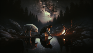 Un príncipe de rodillas en el borde de un estanque brillante de color negro, bajo pinos iluminados por las estrellas, mientras un lobo espectral se retira.