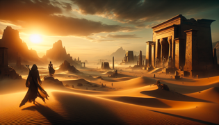 Der Schwarze Prinz reist durch endlose Wüsten dunes unter einem Himmel mit Farbnuancen von Dämmerung und Zauber.