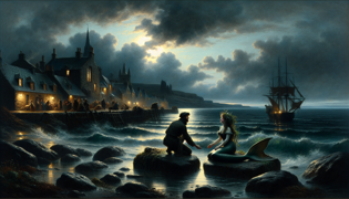 Una mujer selkie con algas enredadas en su cabello, arrodillada frente a un pescador arrepentido bajo la luz de la luna.