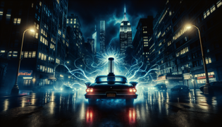 Experimento nocturno con una bobina de Tesla en el maletero de un automóvil frente al Empire State Building, chispas eléctricas en el aire.
