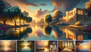 Una escena serena junto a un lago durante la hora dorada, con sauces llorones reflejados en aguas tranquilas.