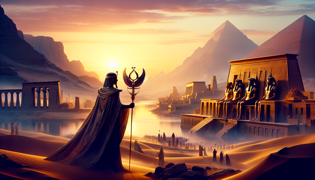 Der Schwarze Prinz steht triumphierend am Ufer des Nils bei Sonnenaufgang, das heilige Relikt leuchtend in seiner Hand.