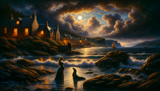 Una mujer selkie regresando al mar bajo una brillante luna llena mientras su amante la observa en las aguas poco profundas.
