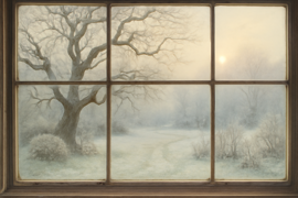 El jardín desolado cubierto de nieve, mientras el gigante observa desde su ventana.