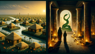 Serpent Émeraude luminescent émergeant d'une chambre sombre ornée d'écailles et de glyphes