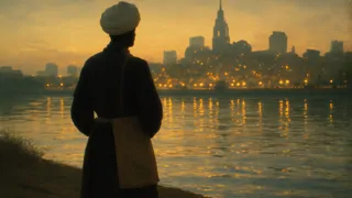 Sirviente observando el río Támesis a través del horizonte de Londres al atardecer.
