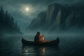 Una canoa fantasmal deslizarse sobre un lago cubierto de niebla en la noche, iluminada por el parpadeo de una linterna.