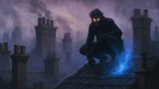 El sombrío Spring-heeled Jack con ojos brillantes se posa entre las chimeneas de Londres.