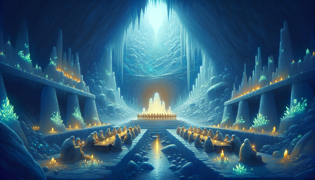 Un consejo de ancianos lemurianos en una sala de caverna, con sombras que bailan sobre las estalactitas mientras la luz de la luna se filtra a través de una ventana de hielo.