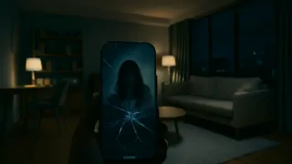 Una pantalla de teléfono rota que muestra una figura fantasmagórica detrás de un escritorio de escritor.