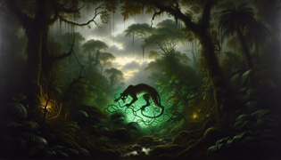 Un demonio cambiante que emerge de su forma de jaguar, transformándose en unhumano envuelto en hojas, iluminado por un resplandor verde y misterioso.