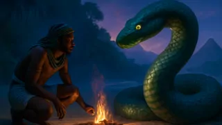 Marinero egipcio enfrentándose a una serpiente gigante enrollada junto a su fogata en una isla mágica.