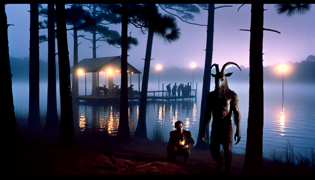 Ojos ámbar resplandecientes se reflejaban en las oscuras aguas del lago mientras una figura acechaba en un muelle de madera bajo la luz de la luna.