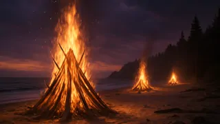 Vista dramática de una hoguera de señalización ardiendo en la playa al atardecer.