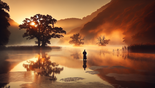 Árbol de roble antiguo junto al Lago Plateado con la luz de una linterna reflejándose