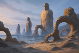 La isla de los gigantes con siluetas de figuras imponentes al atardecer